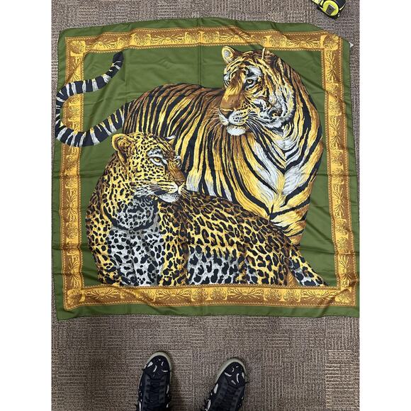 Tiger Leopard Print Scarf Womens Green Gold Baroque Border Square Polyester - Picture 1 of 8